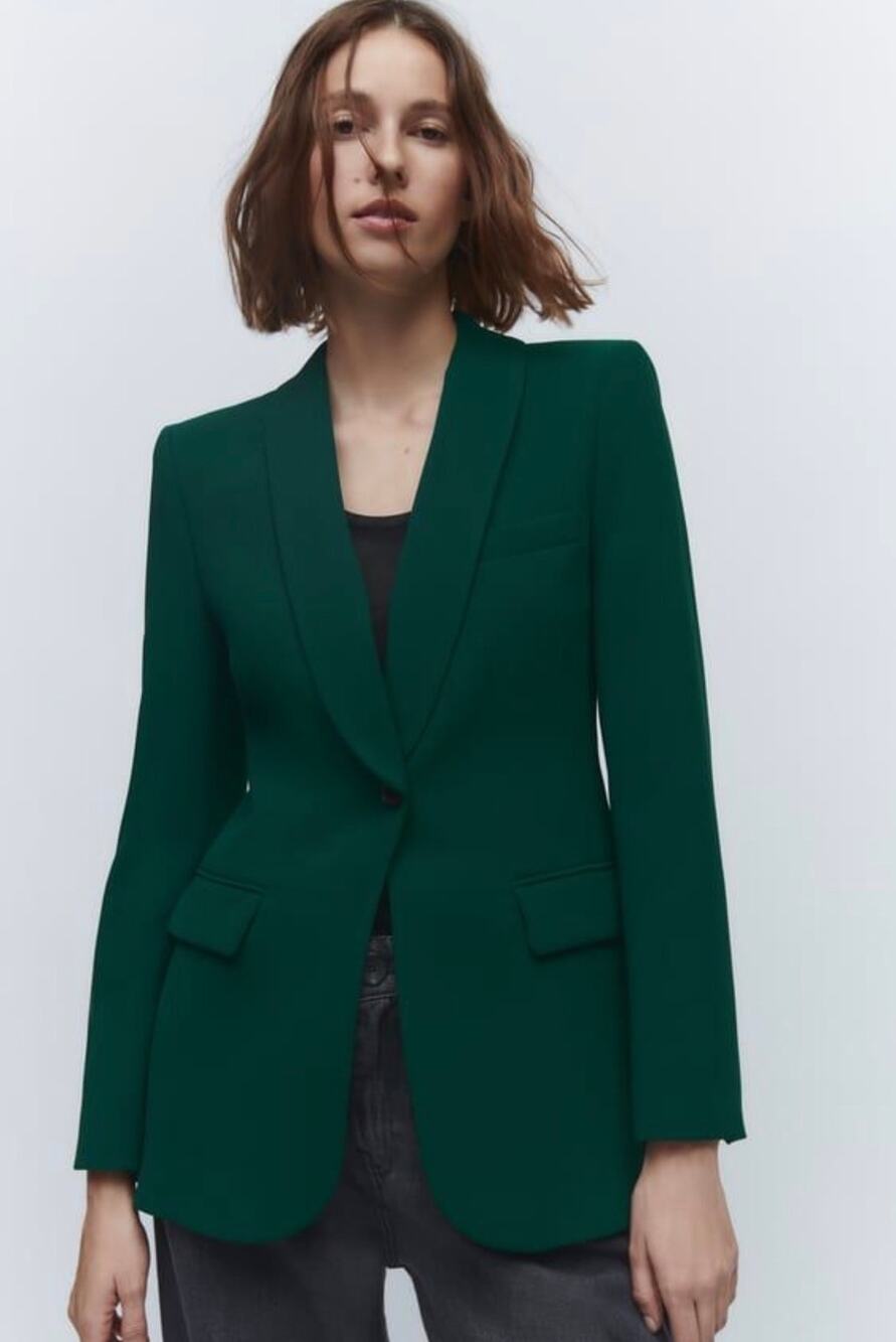 ZARA Emerald Green Blazer Womens M Long Tailored Shawl Collar One Button Jacket